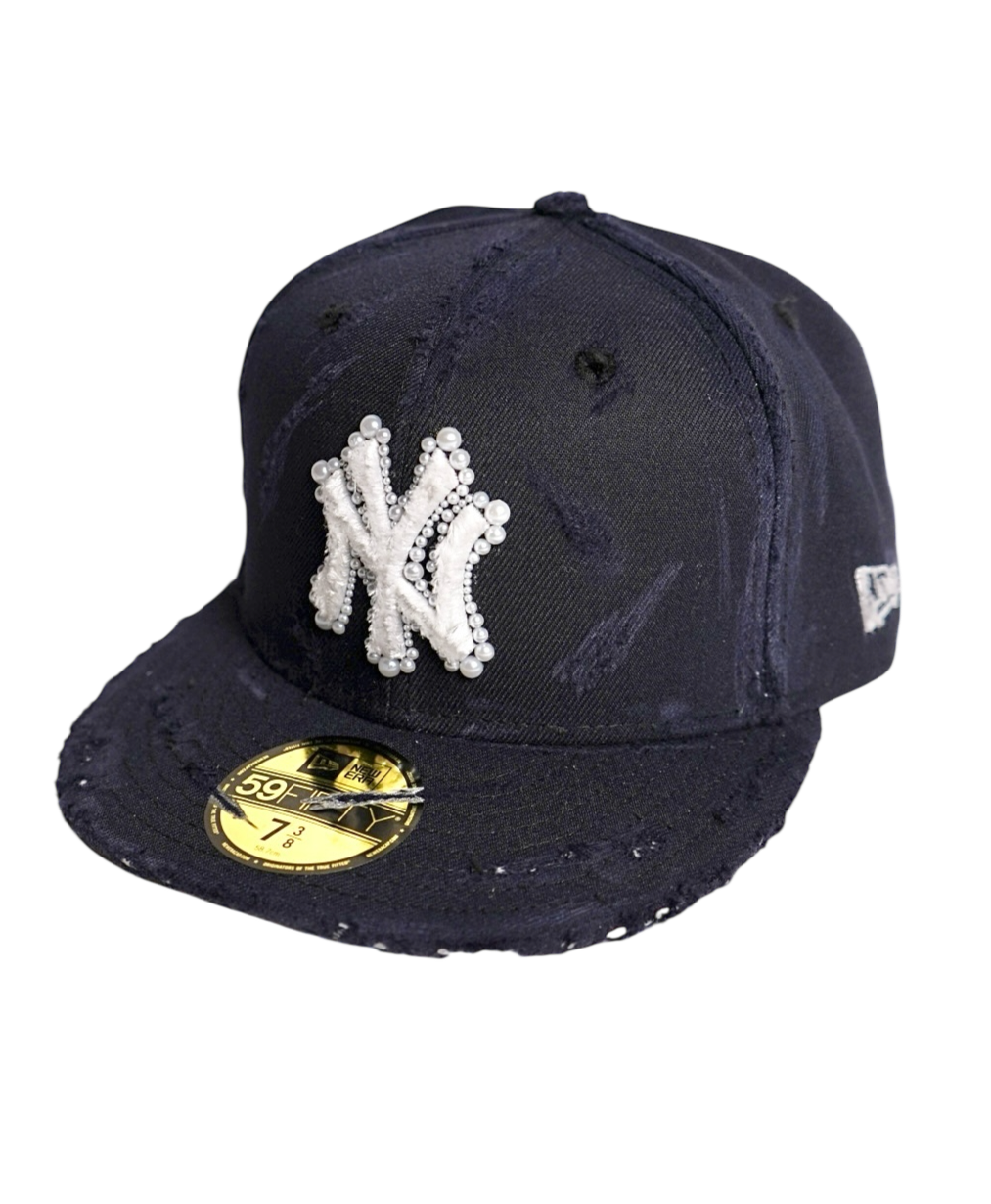 Distressed New York Yankees Hat With Pearl Embellishments