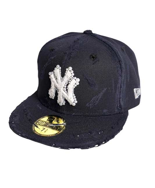 Distressed New York Yankees Hat With Pearl Embellishments