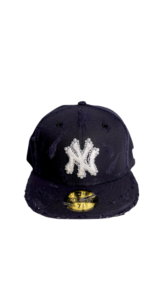 Distressed New York Yankees Hat With Pearl Embellishments
